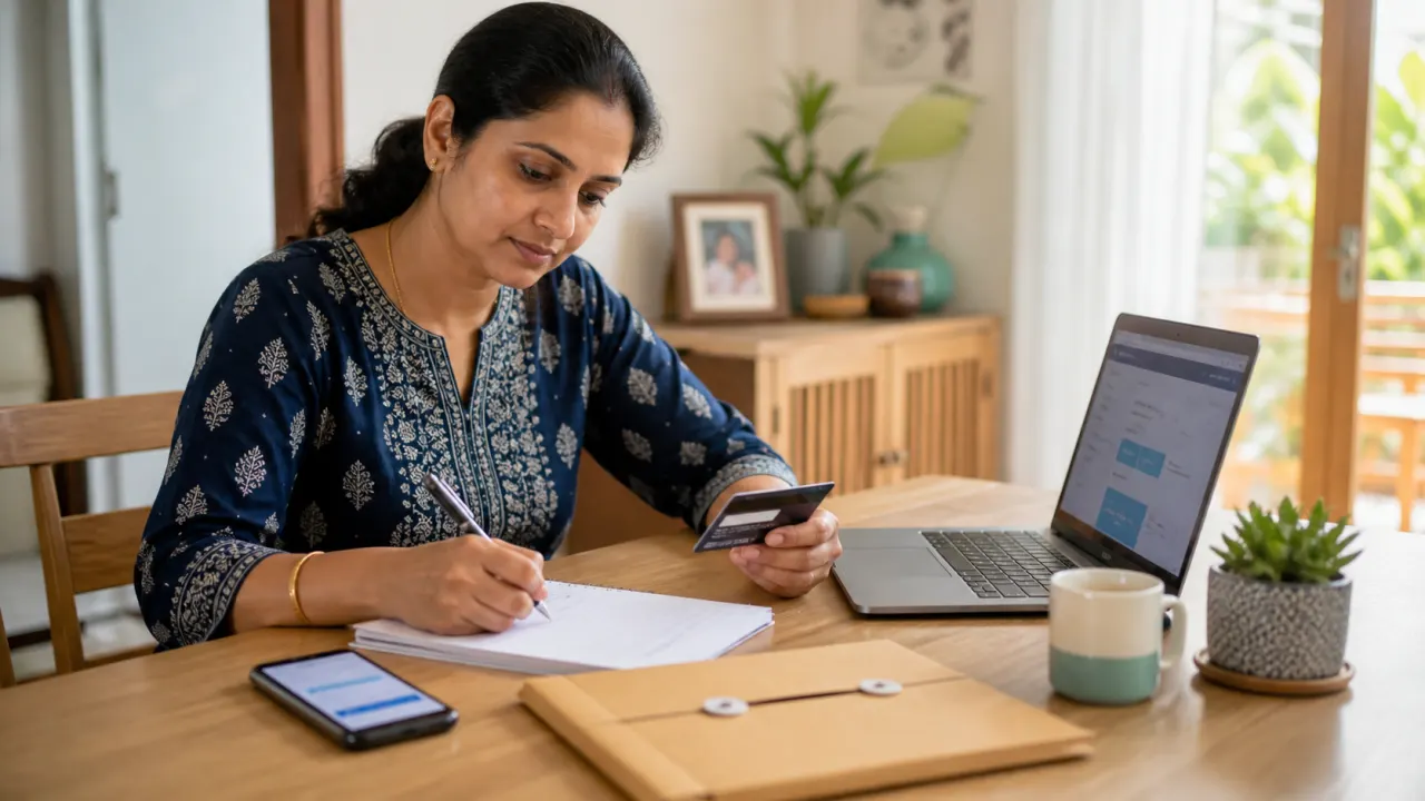 Indian woman recording a complaint reference while requesting a replacement debit card through official banking channels