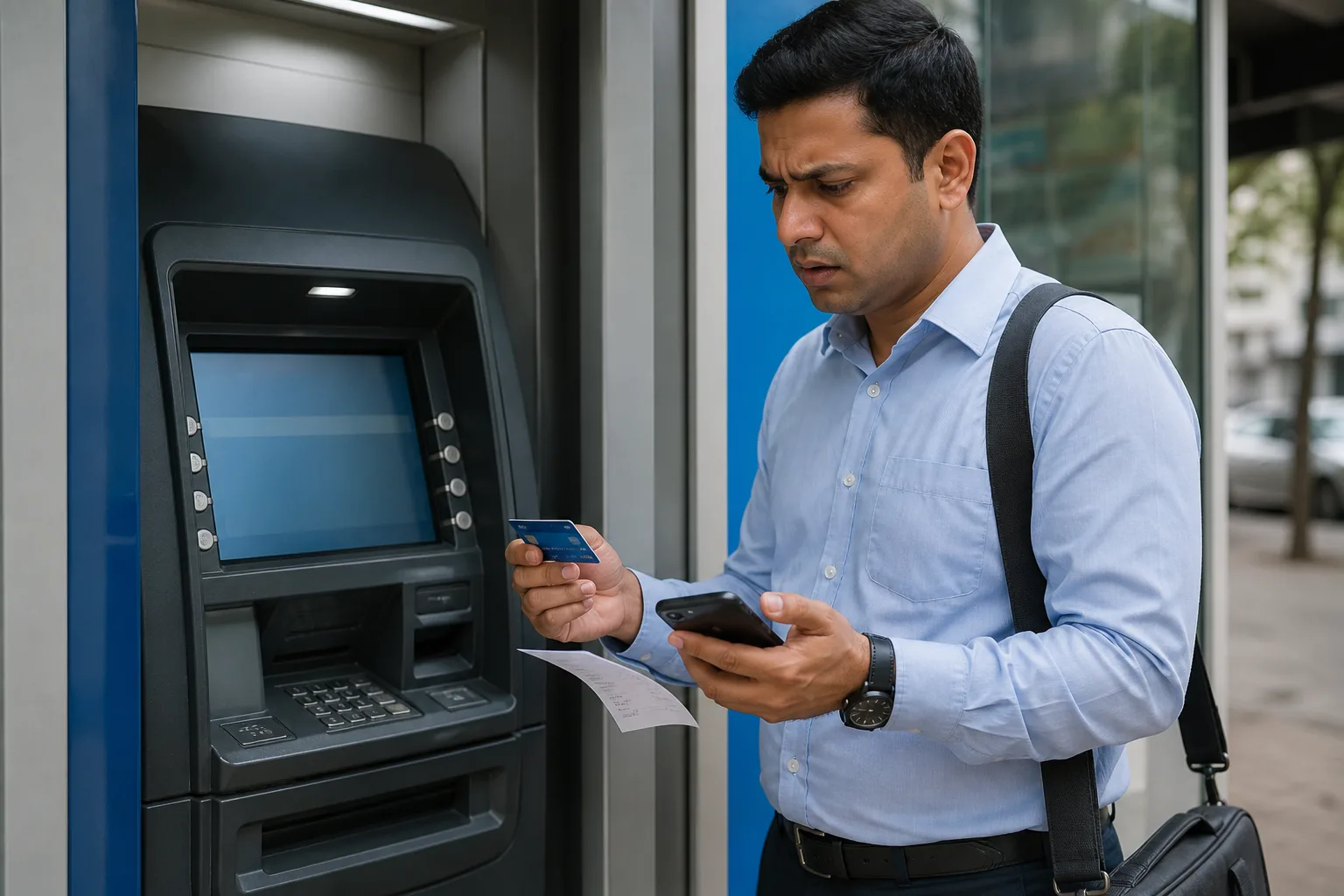 Indian professional at an ATM looking confused after a cash withdrawal failed while holding his debit card and phone
