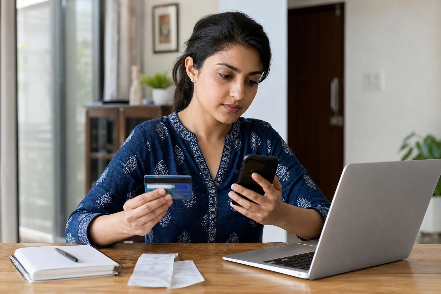 Indian woman at home reviewing debit card, ATM receipt, and bank alerts on her phone after failed cash withdrawal