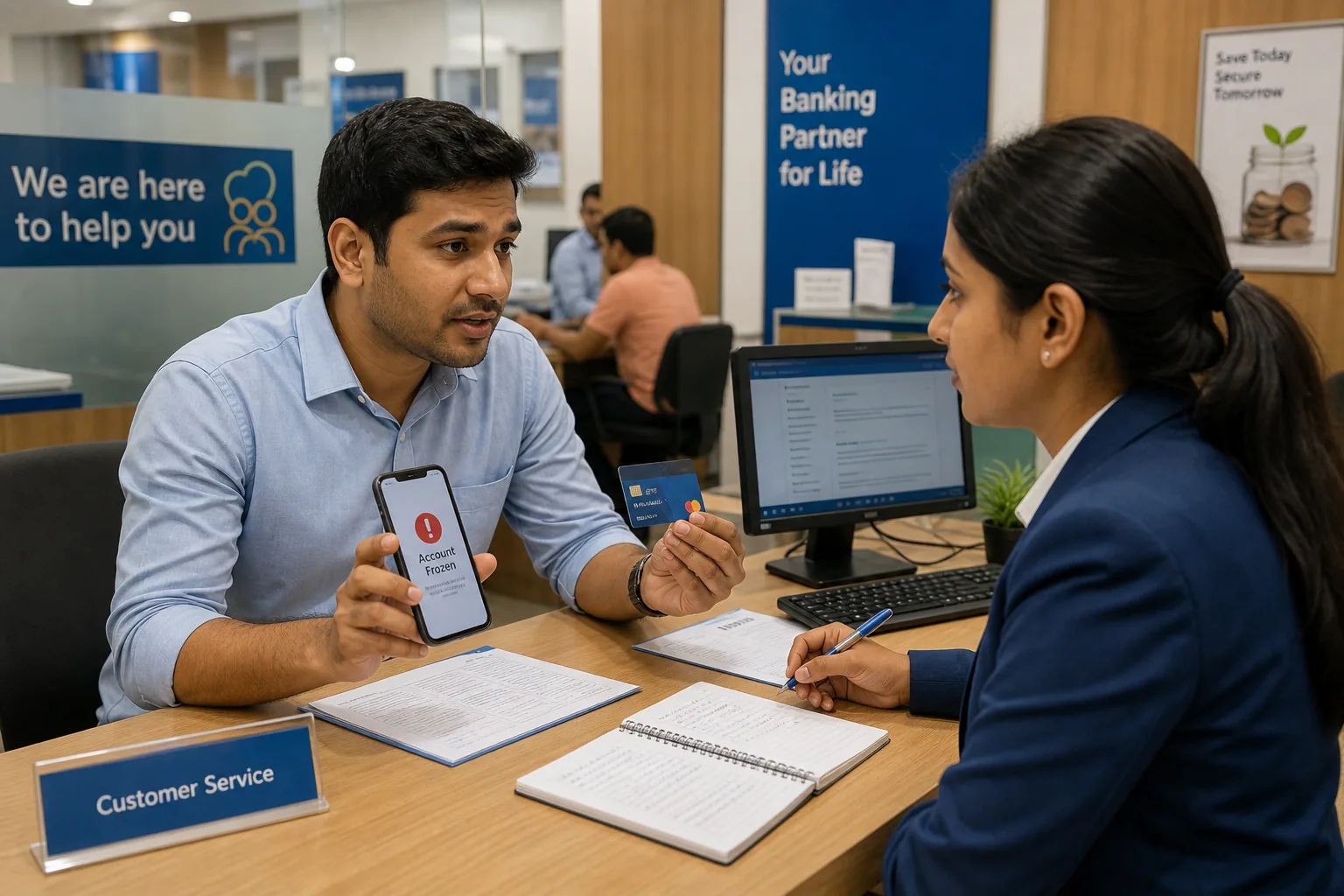 Indian bank customer reviewing a frozen account issue with branch staff using phone, debit card, and documents