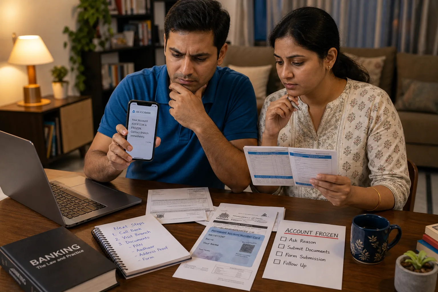 Indian couple reviewing bank SMS alerts and documents at home after account access issue