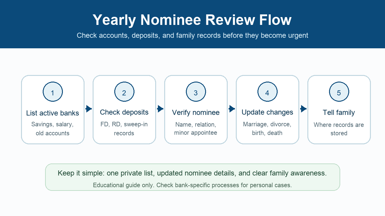 Flowchart showing salary account, savings account, fixed deposit, and recurring deposit nominee review steps