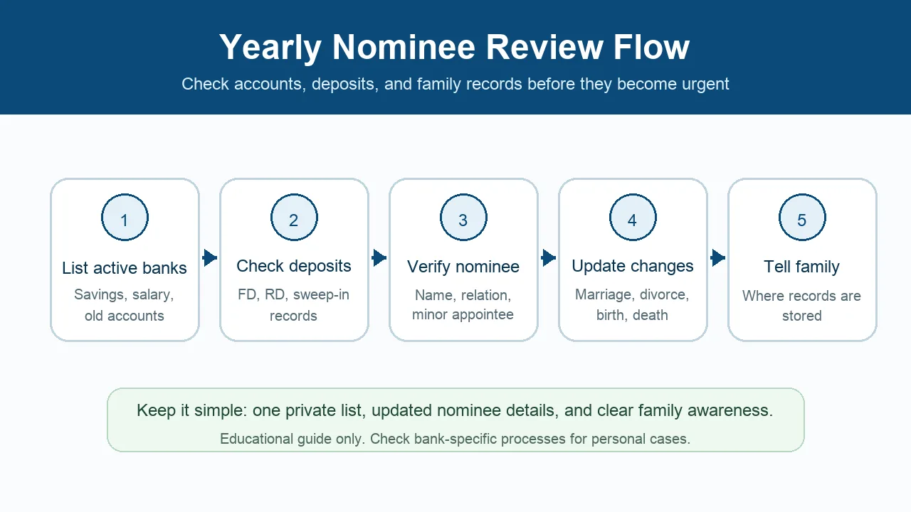 Flowchart showing salary account, savings account, fixed deposit, and recurring deposit nominee review steps