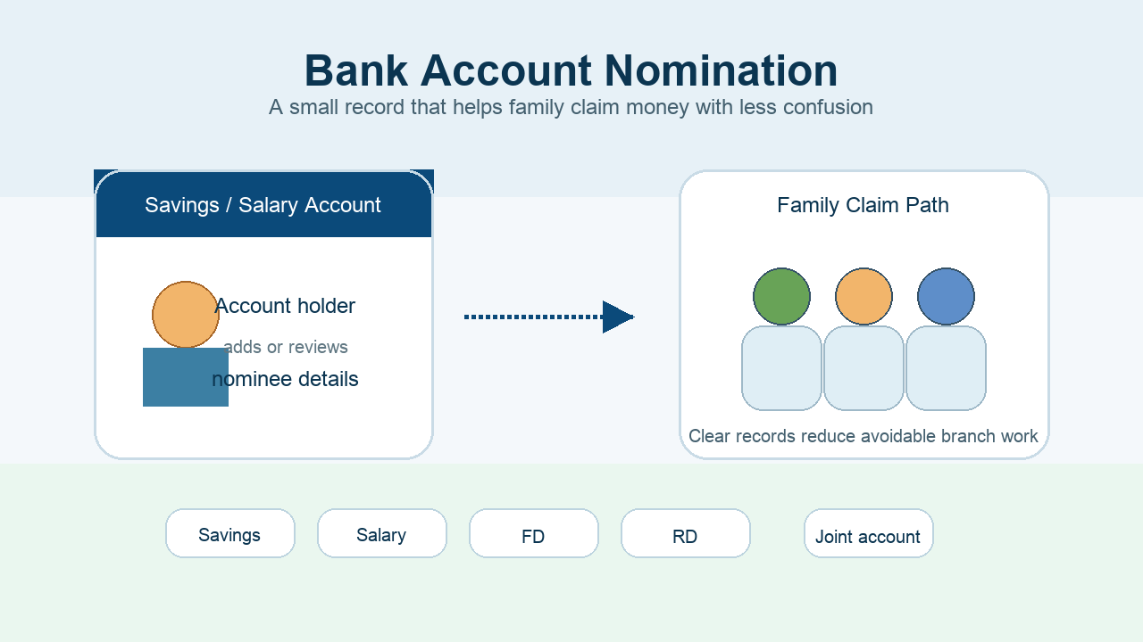 Illustration of an Indian family reviewing bank account nominee details for savings, salary, and fixed deposits