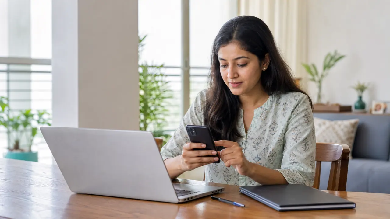 Indian salaried professional safely completing a bank KYC update through an official mobile banking app