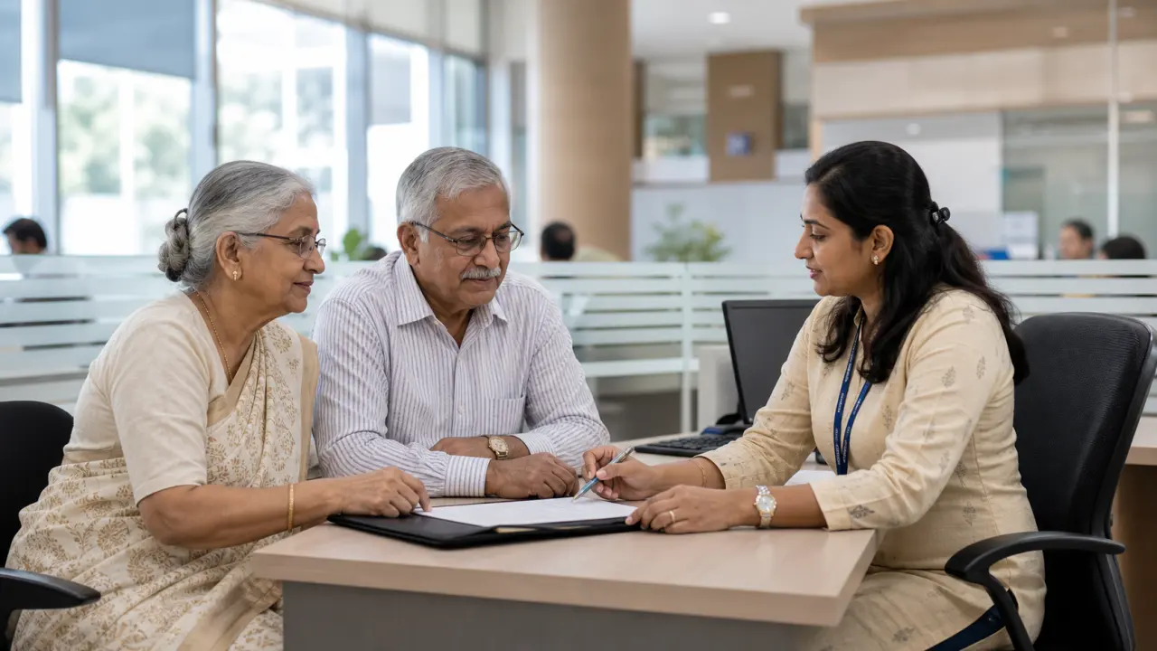 Senior Indian couple receiving help from a bank employee while updating KYC records at a branch