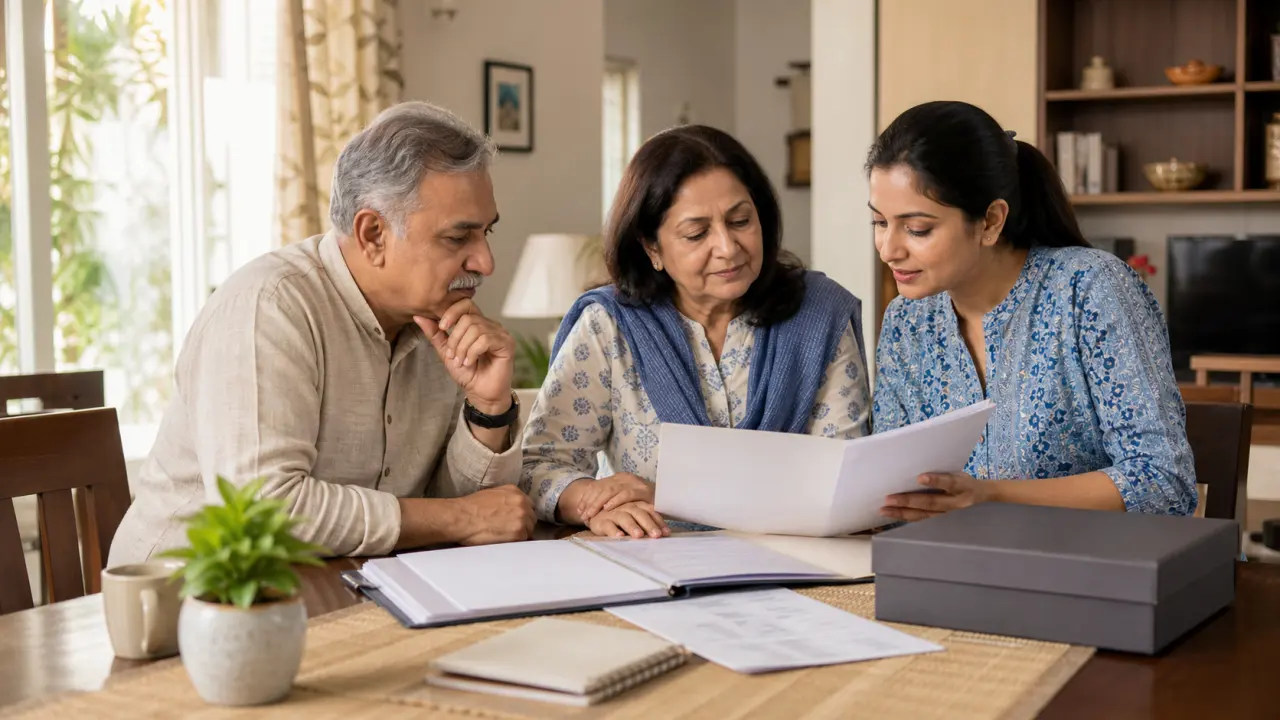 Indian family reviewing bank locker nomination and household records together at home