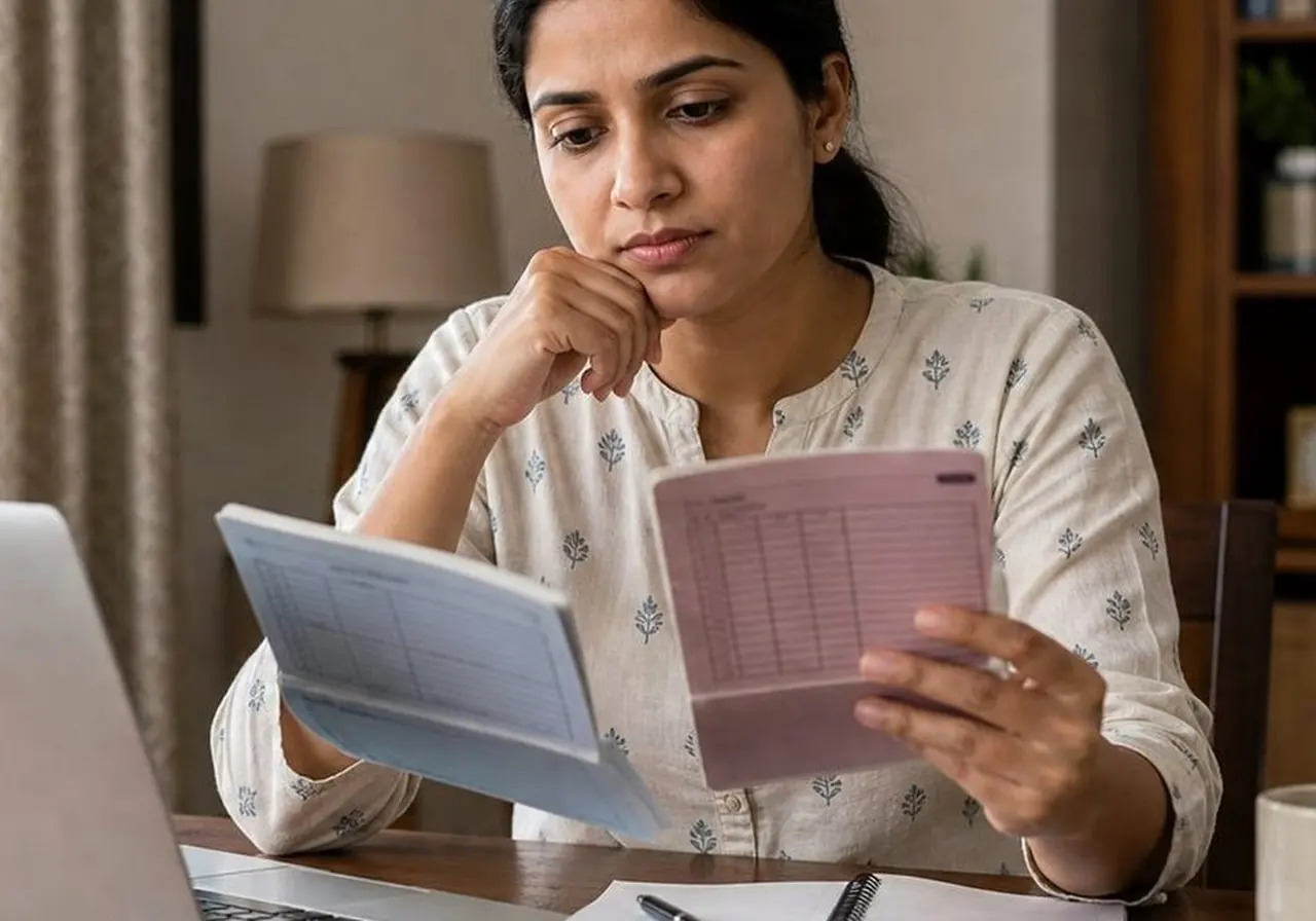 Indian banking customer reviewing bank statement narration codes on a laptop