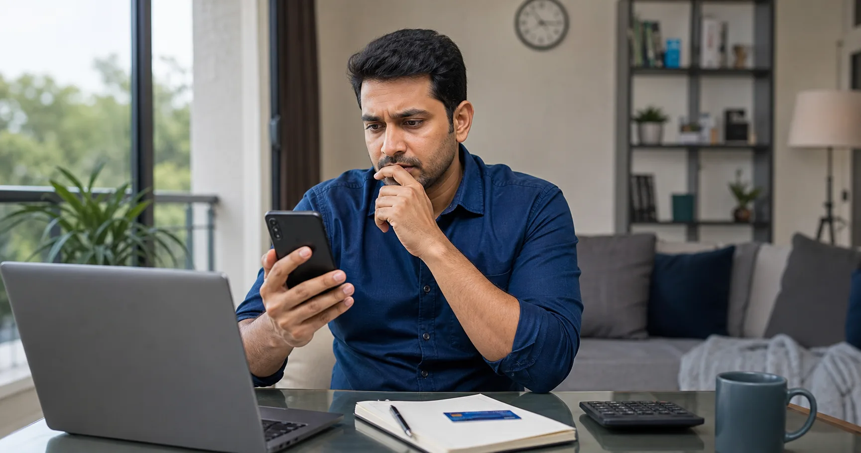 Indian professional checking a bank transfer status on a phone after money was debited but the beneficiary was not yet credited