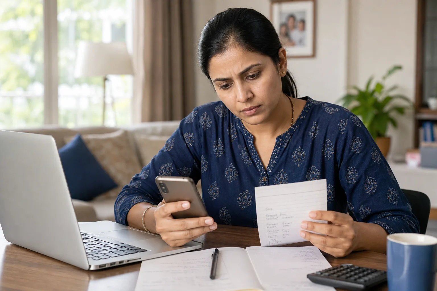 Indian woman reviewing beneficiary details and transaction notes after a bank transfer was debited but not yet credited