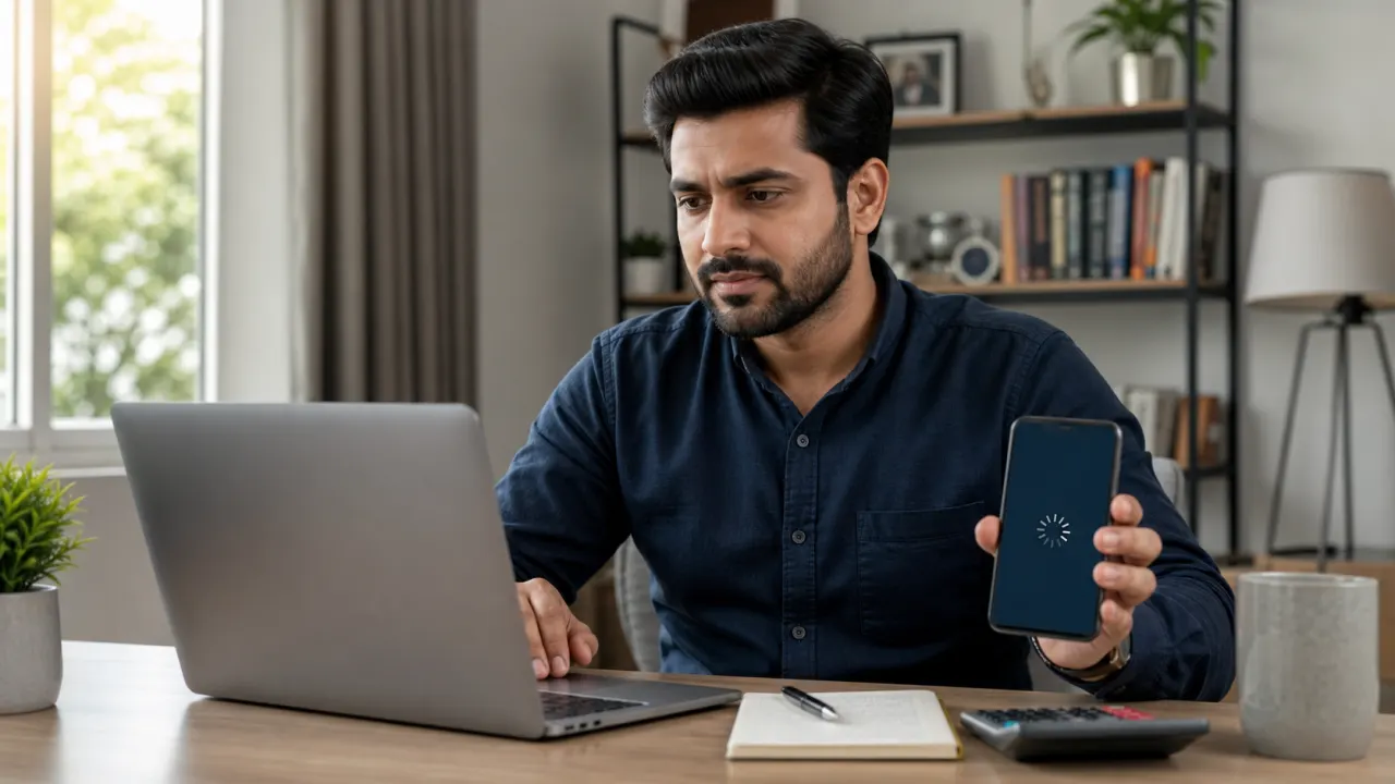 Indian salaried man waiting after adding a new bank beneficiary while checking transfer details on his laptop