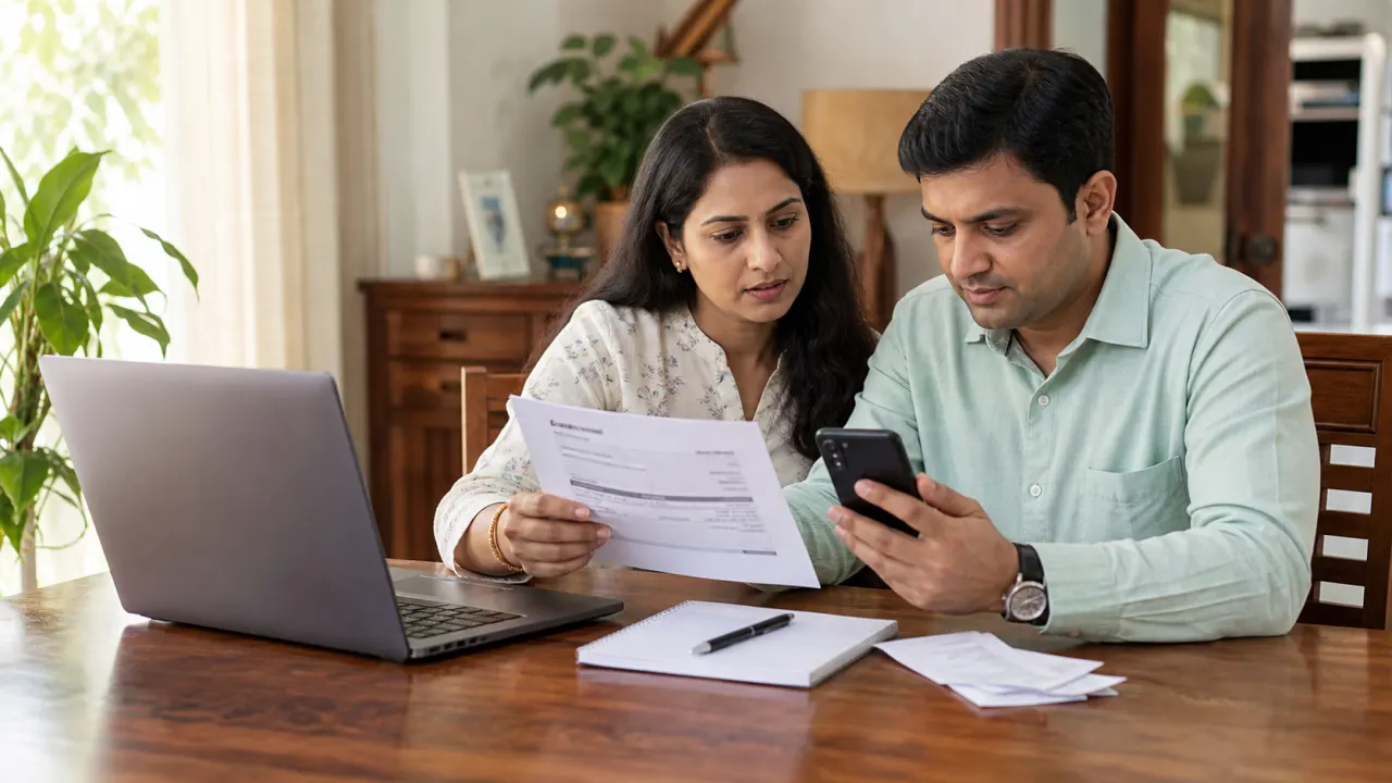 Indian couple verifying beneficiary account details and IFSC before scheduling a bank transfer