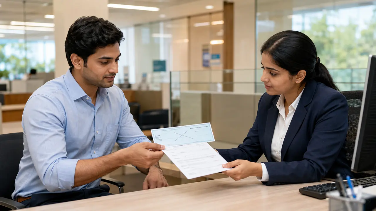 Indian customer submitting a cancelled cheque for account verification at a bank desk