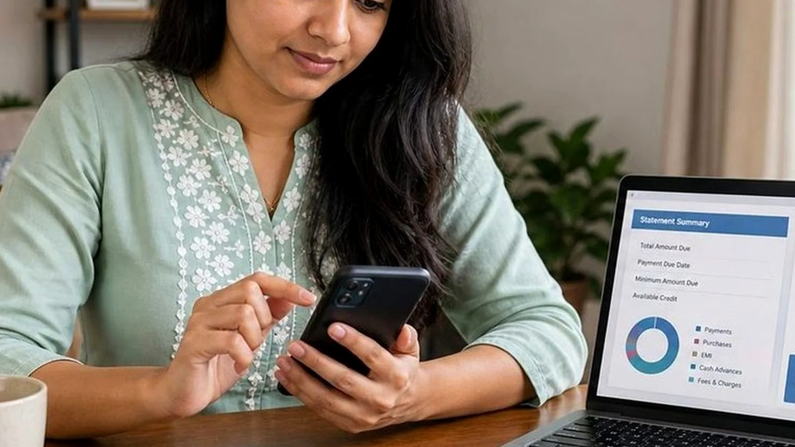 Indian salaried professional reviewing credit card fees, welcome benefits, and annual charges on a laptop and phone