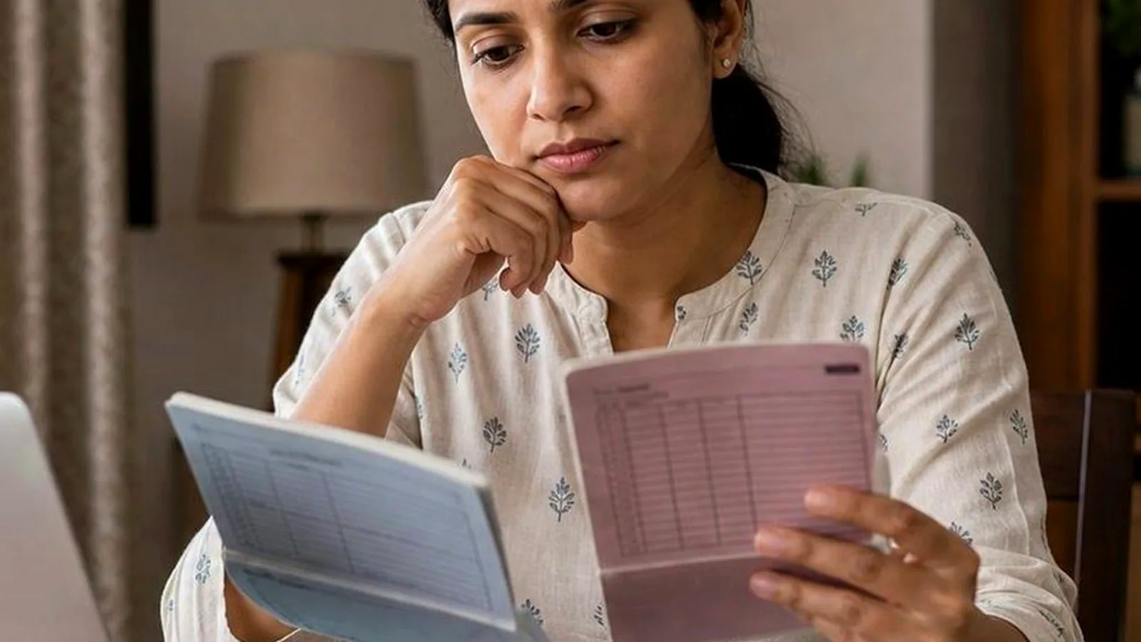Indian salaried reader checking first credit card bill, fee charges, and annual renewal details with calculator and notes