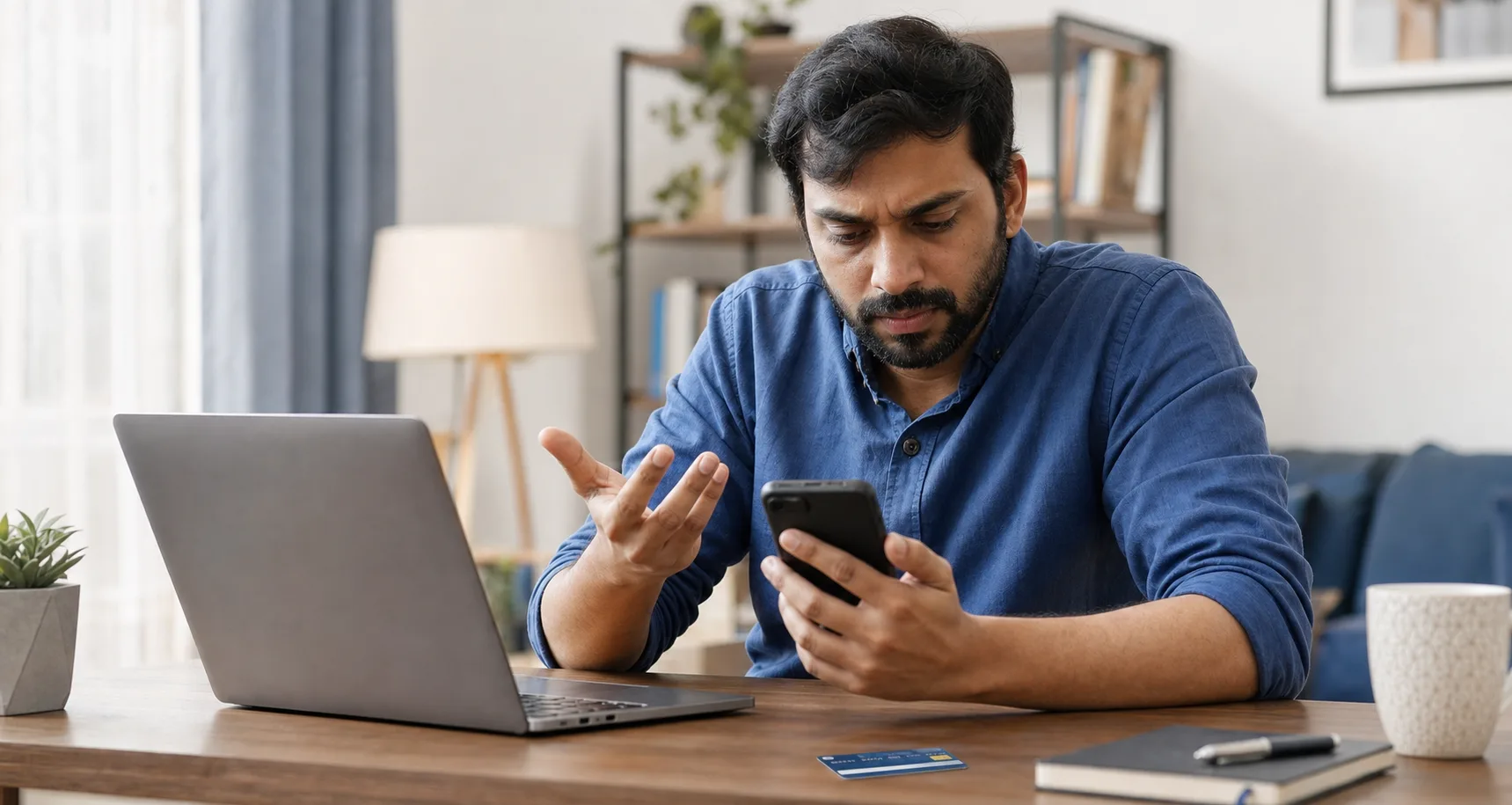 Indian professional waiting for a card payment OTP on a phone while using a laptop for online payment at home