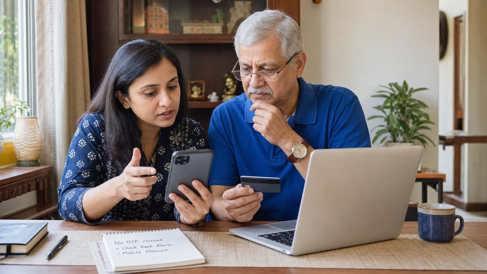 Indian woman and senior family member checking phone alerts and online payment details together at home