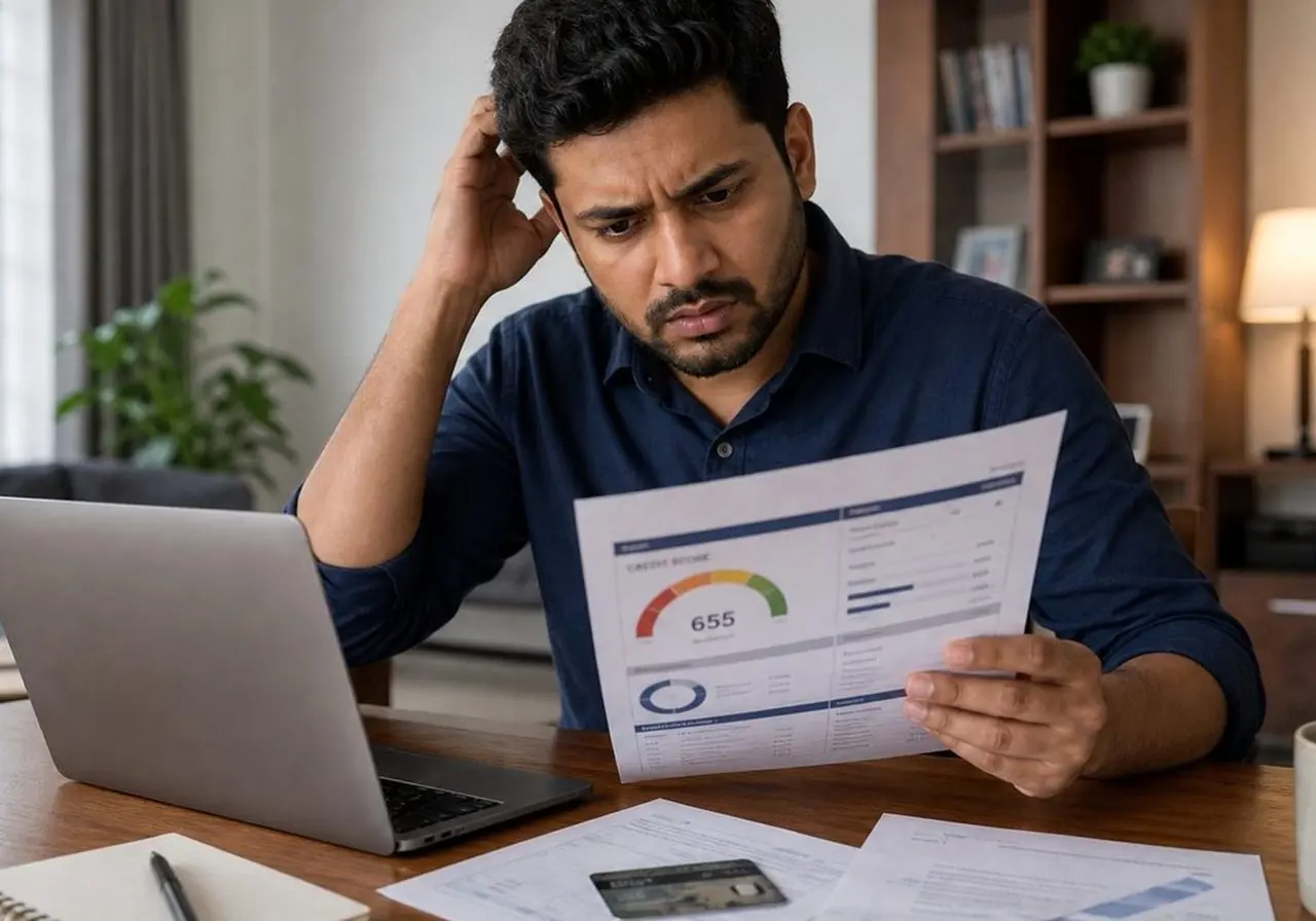 Indian salaried person comparing one-time card payment versus monthly EMI conversion on paper