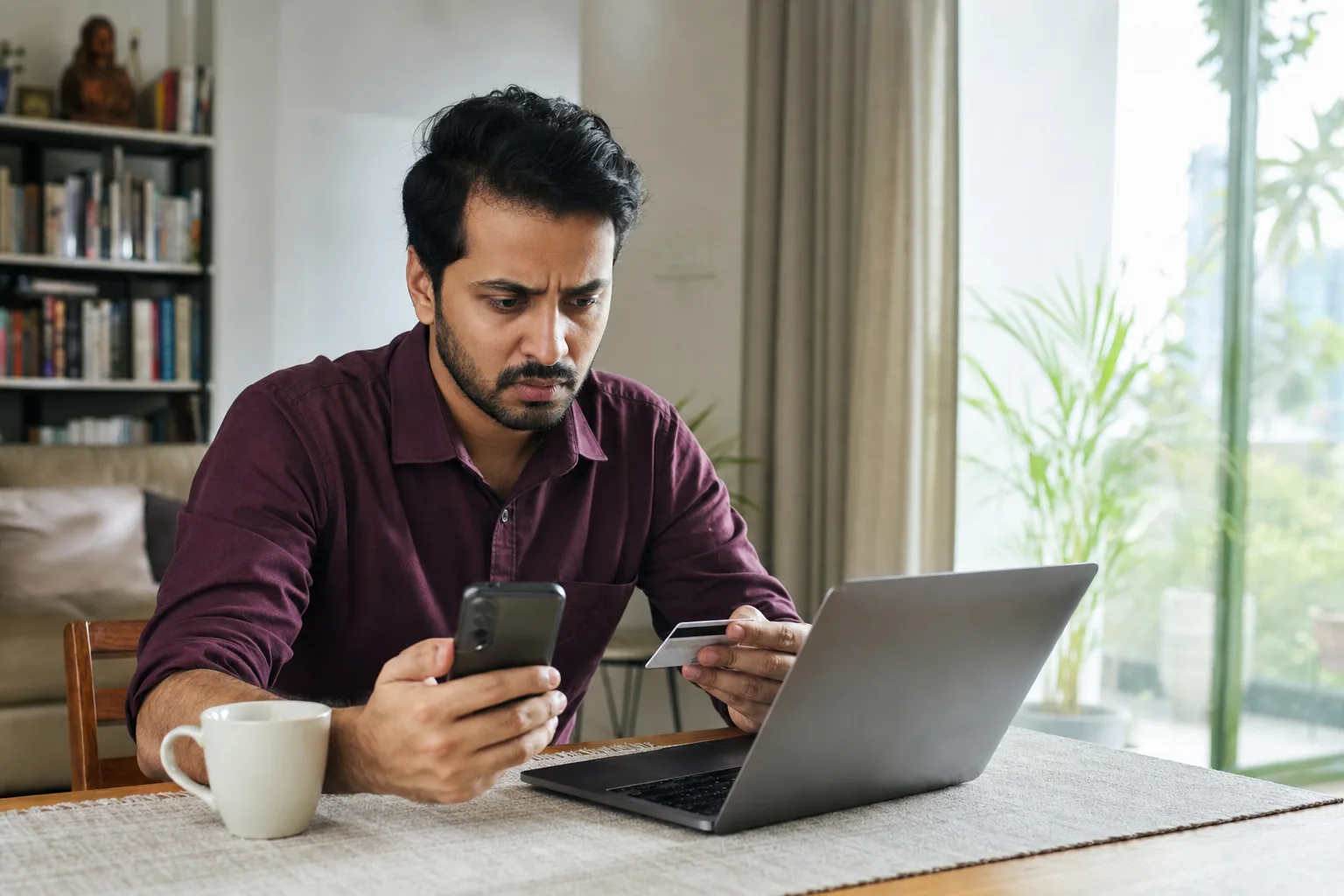 Indian salaried professional checking a failed subscription renewal on phone while holding a bank card at a laptop