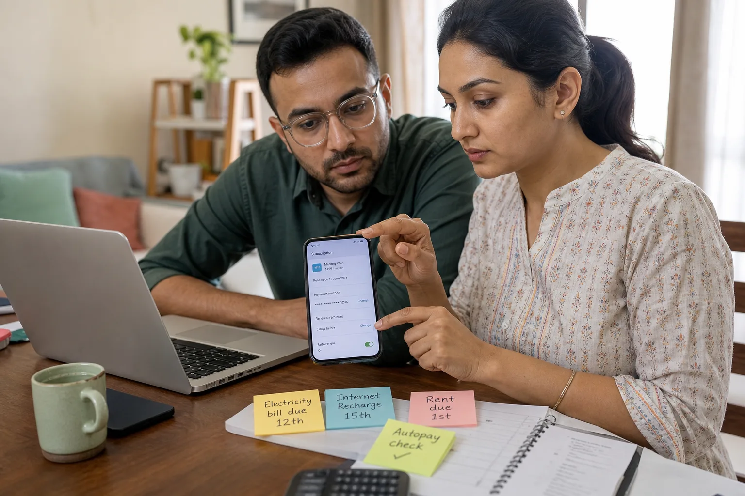 Indian couple reviewing recurring payment settings and bill reminders on a phone and laptop at home