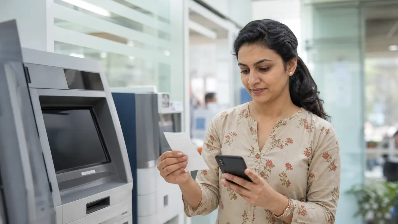 Indian salaried woman comparing a cash deposit machine receipt with her mobile banking balance