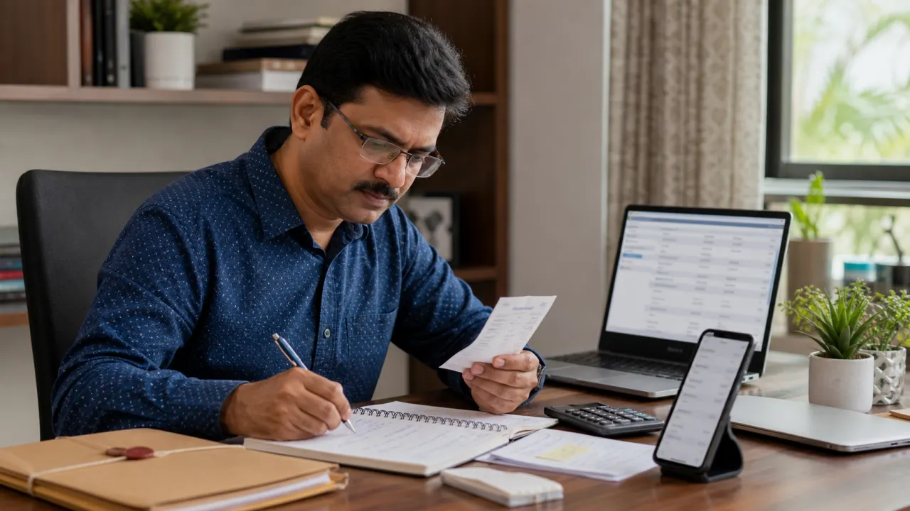 Indian small-business owner recording cash deposit machine complaint details from a receipt and bank statement