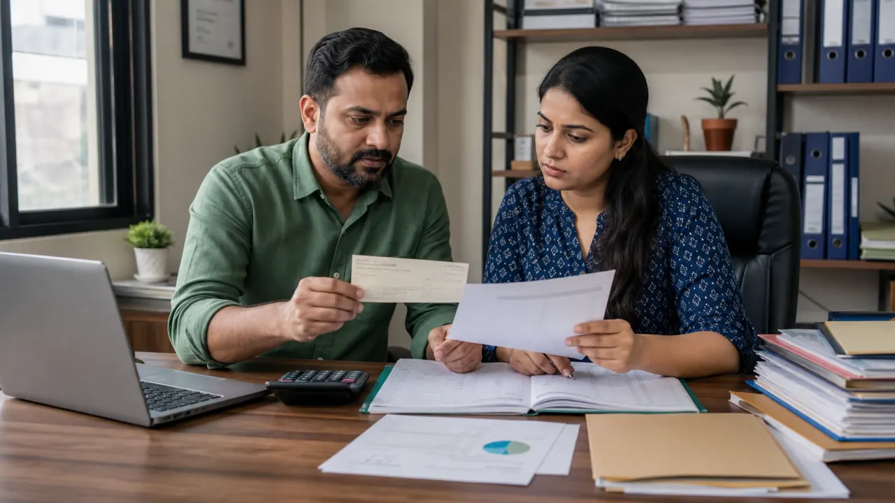 Indian small-business owner and accountant reviewing a cheque return memo and account ledger
