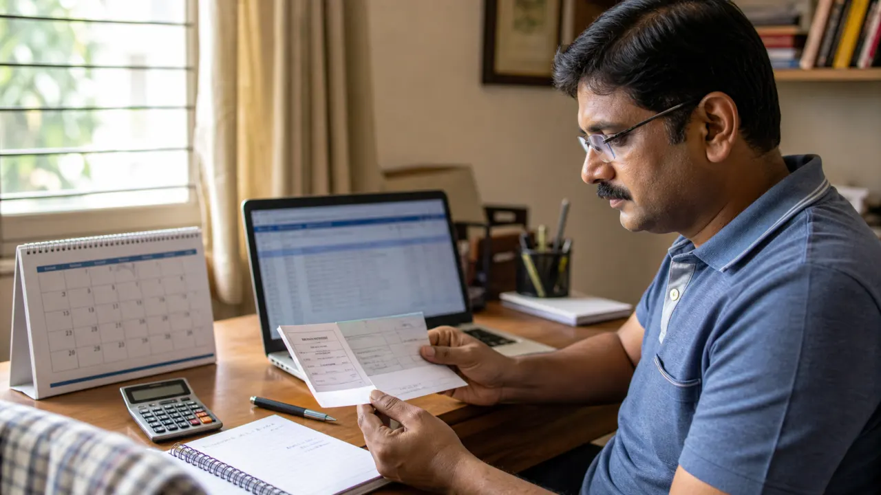 Indian small-business owner comparing a cheque deposit record with a bank statement and calendar