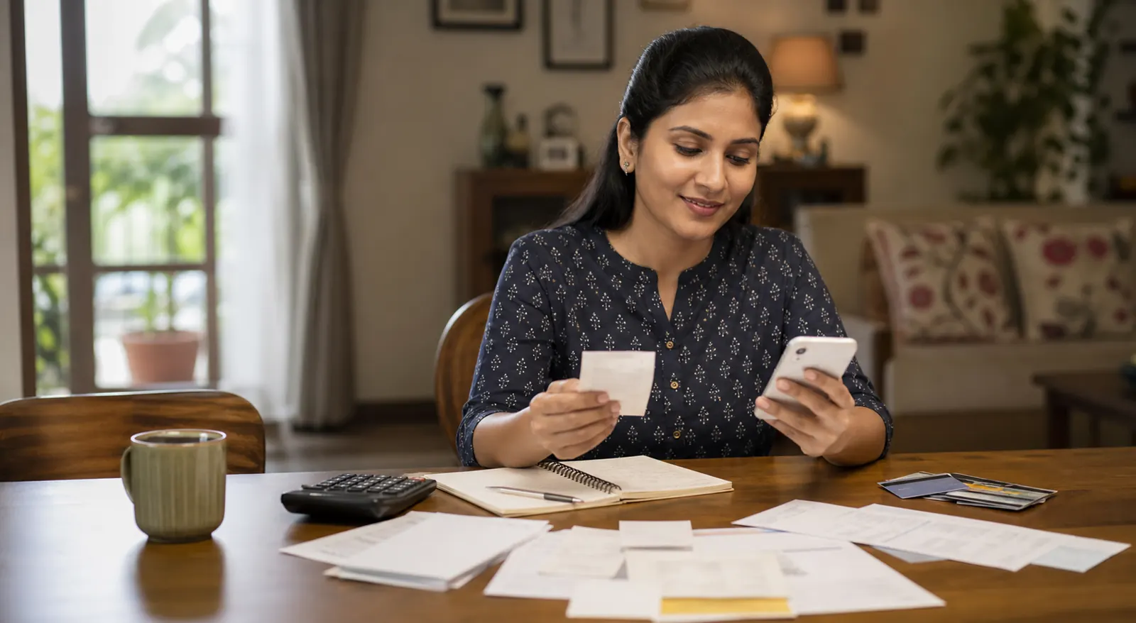 Indian woman organizing bills, calculator and mobile banking app while improving her CIBIL score