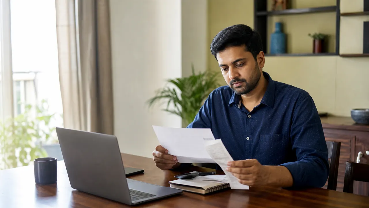 Indian salaried cardholder reviewing a credit card statement and purchase receipt before disputing a transaction