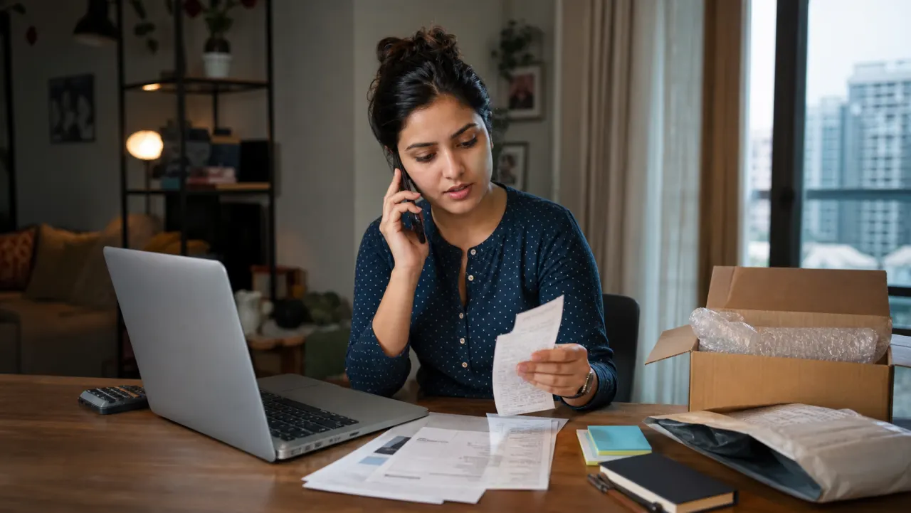 Indian cardholder calling her card issuer while organising receipts, delivery packaging and transaction evidence