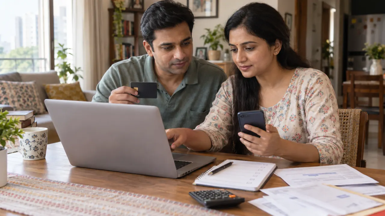 Indian couple updating recurring payments after receiving a replacement credit card