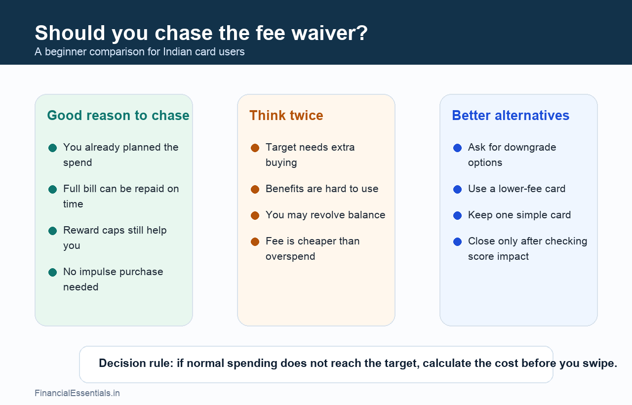 Comparison graphic showing good reasons, warning signs, and alternatives for chasing a credit card fee waiver