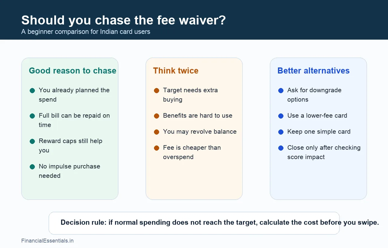 Comparison graphic showing good reasons, warning signs, and alternatives for chasing a credit card fee waiver