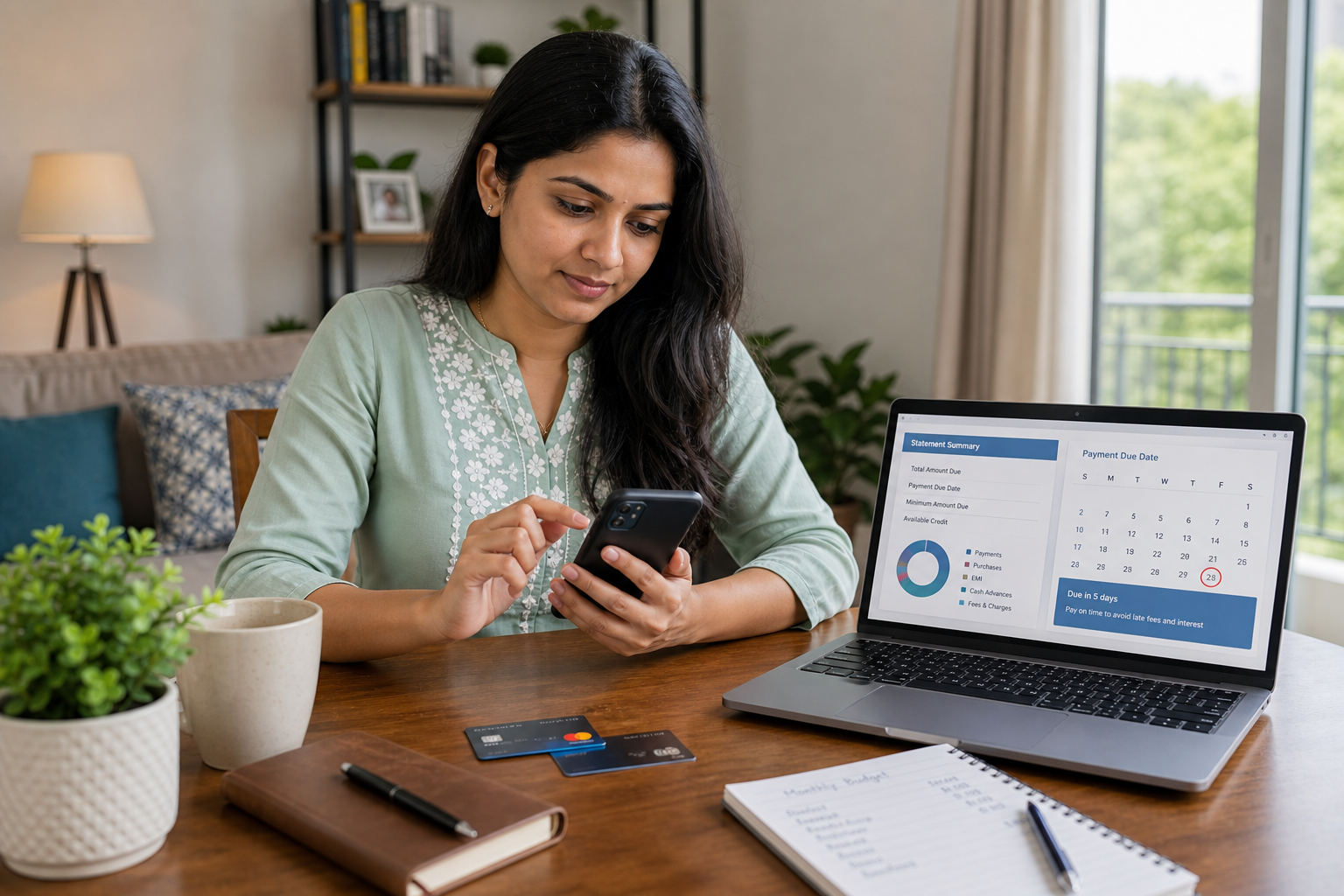 Indian woman paying a credit card bill on time using a phone while checking statement and due date on a laptop