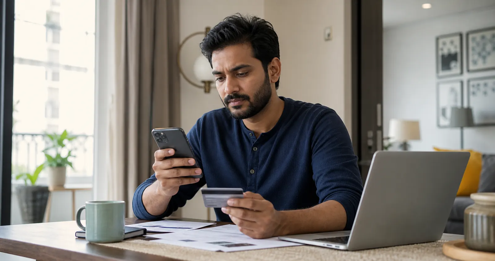 Indian professional checking a mobile banking app and credit card details at a home table