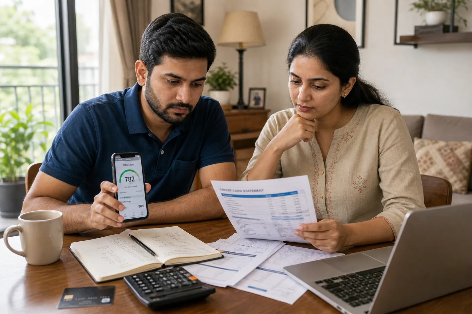 Indian couple reviewing a credit card statement and credit score app while planning repayment