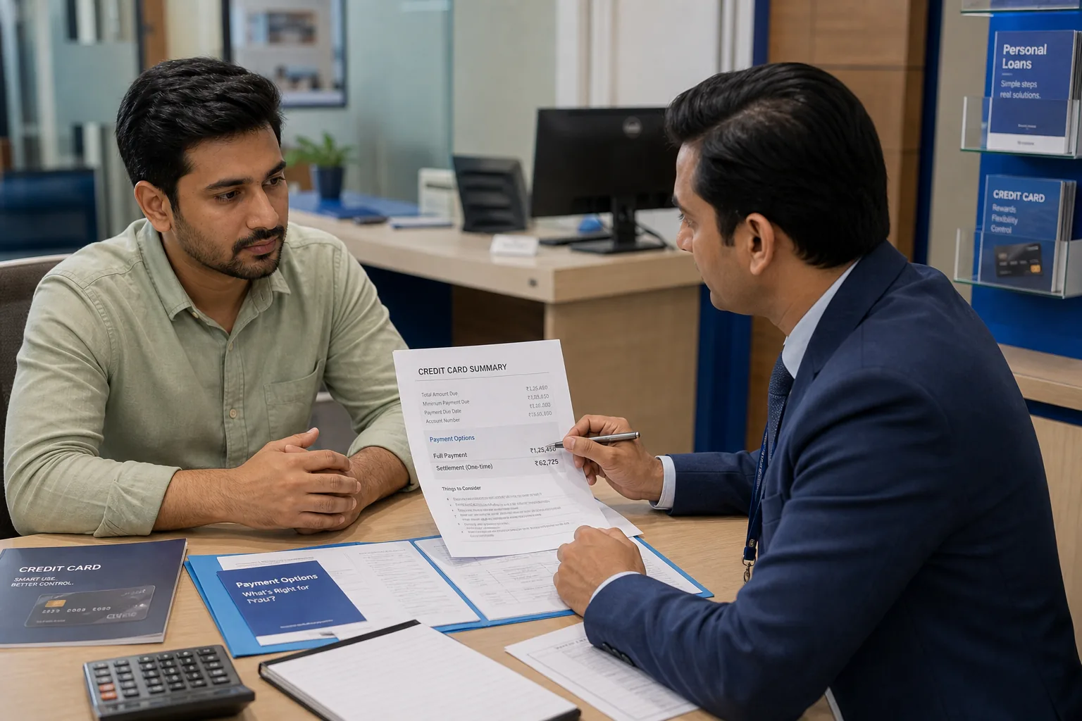 Indian customer discussing credit card settlement versus full payment with bank representative