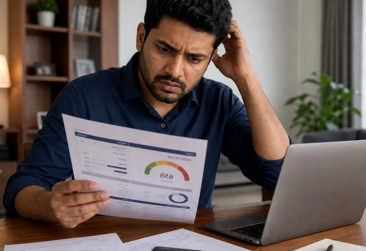 Indian salaried borrower comparing card limit increase and loan rejection details on mobile banking