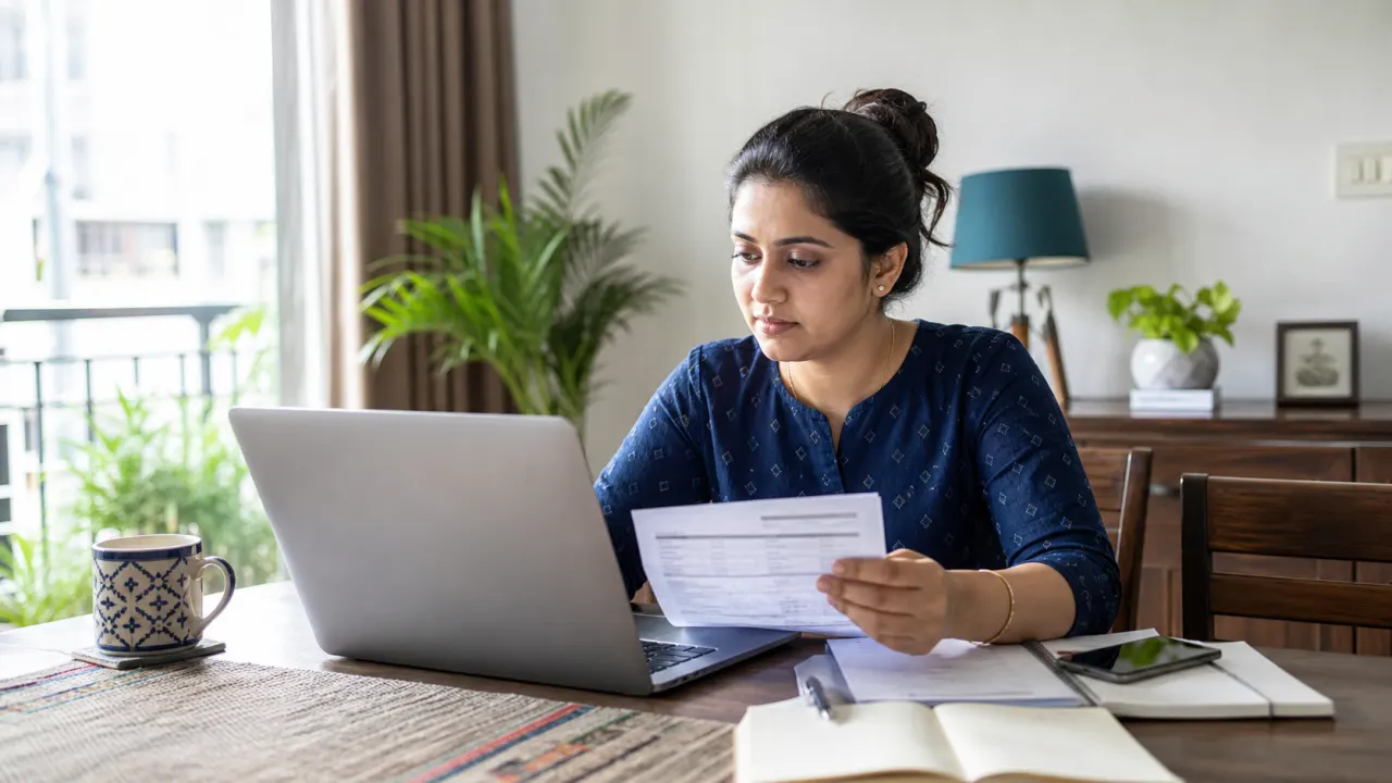Indian salaried woman reviewing a credit report and bank records on her laptop at home