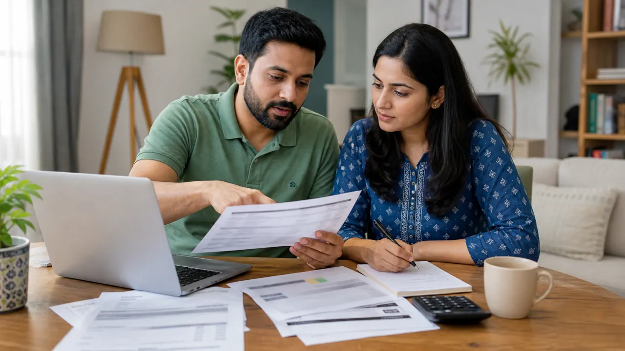 Indian couple comparing a printed credit report with loan closure records while preparing a dispute