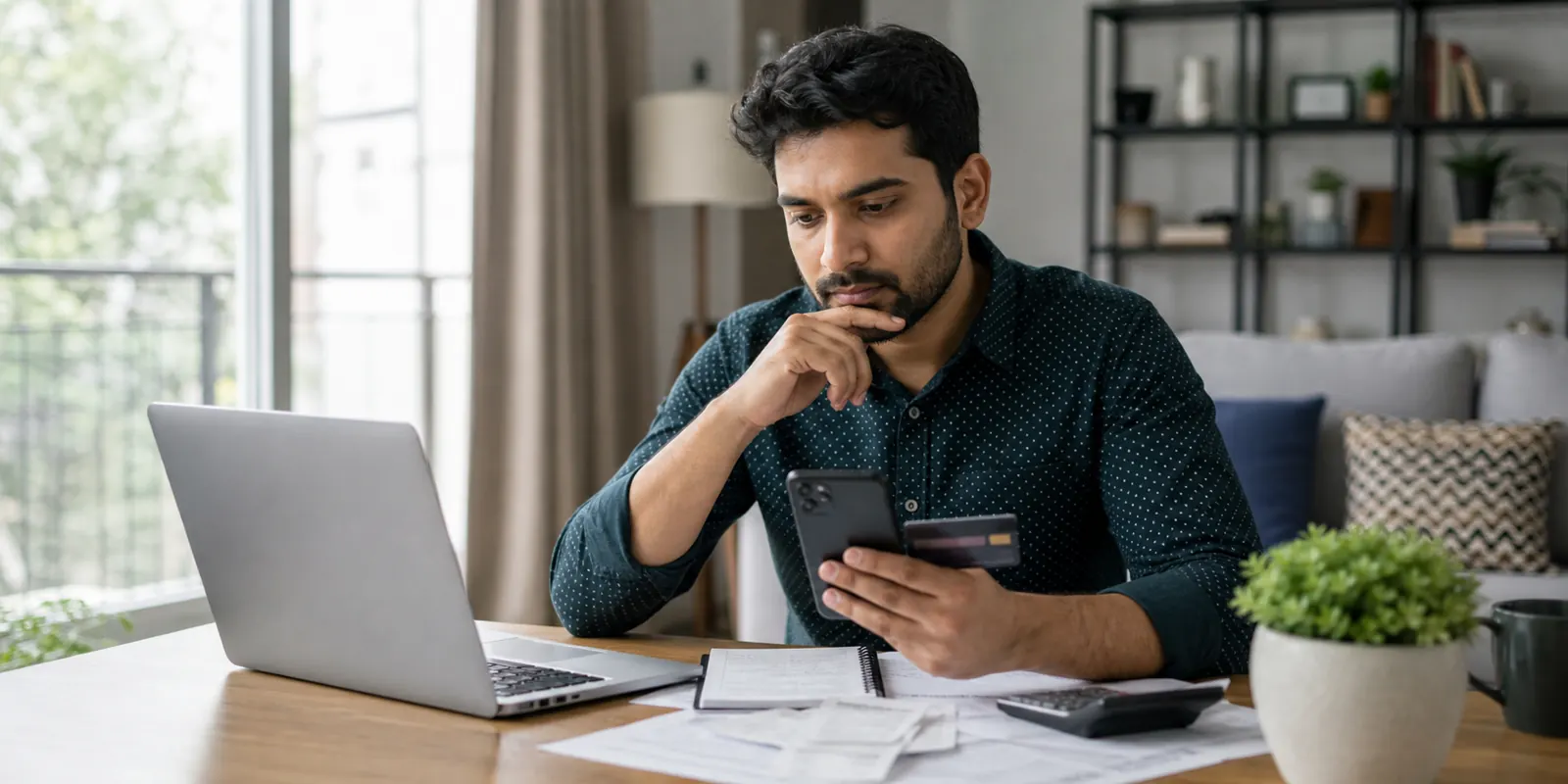 Indian salaried professional checking credit card usage and app balances at home
