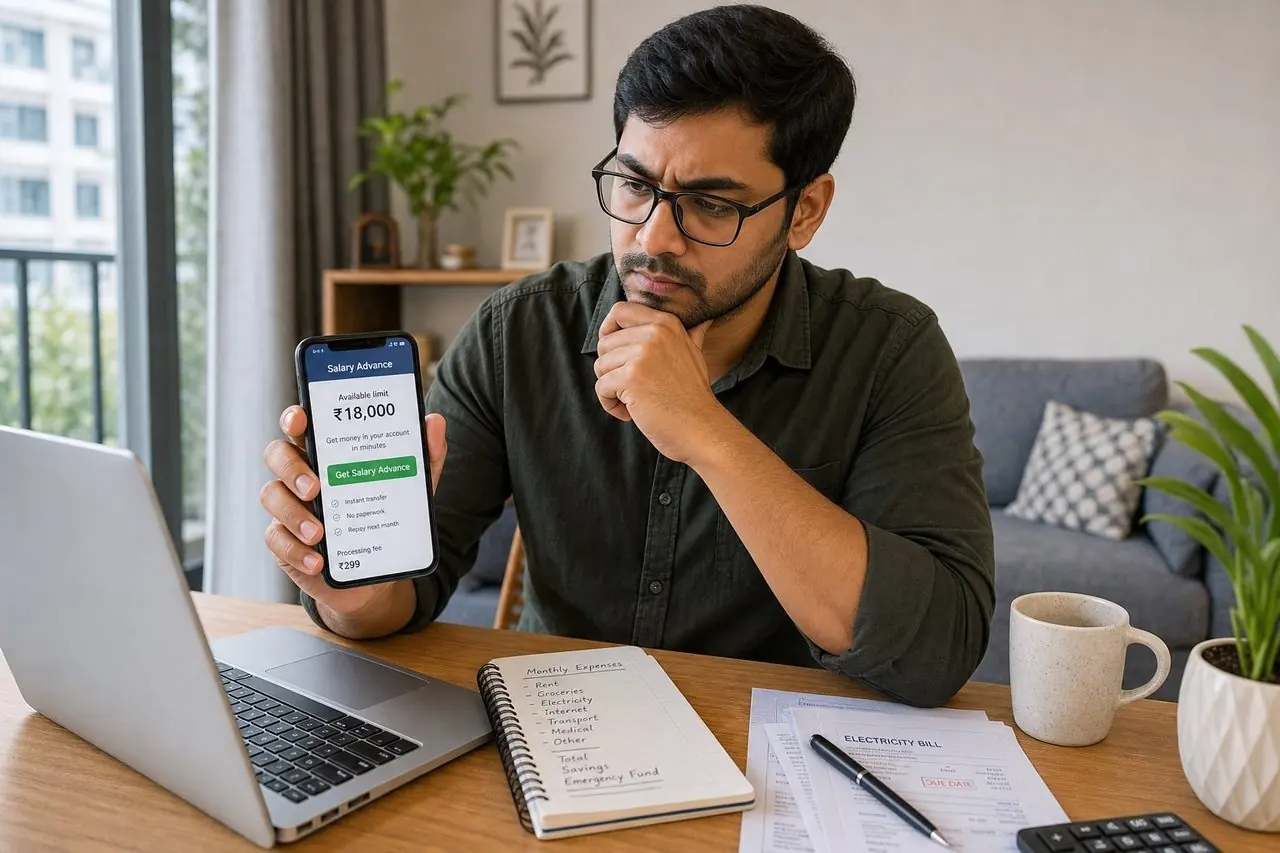 Indian bank customer reviewing a loan form and insurance add-on with a relationship manager