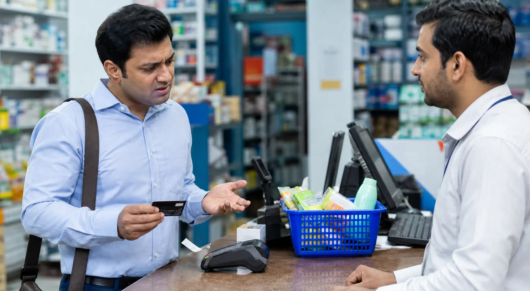Indian customer at a retail shop confused after debit card payment failed while holding the card near the payment terminal