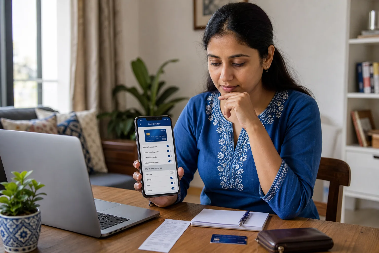 Indian woman at home reviewing debit card control settings on a banking app after merchant payment failure