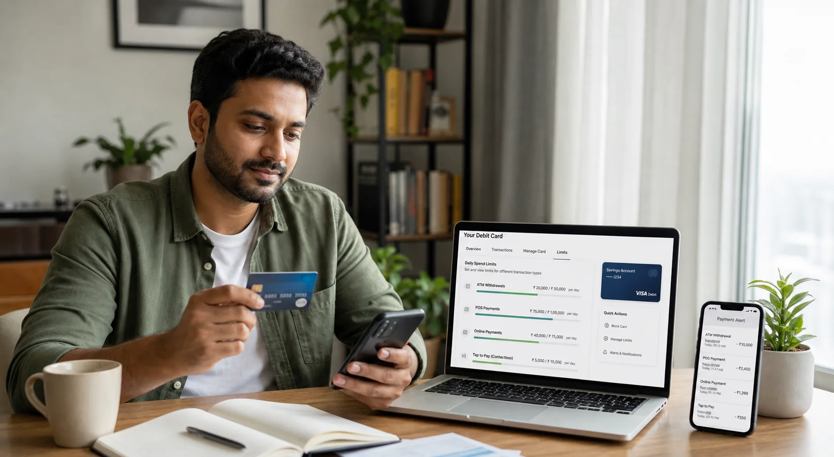 Indian salaried man reviewing debit card limits for ATM, online, POS, and tap-to-pay on a laptop and phone
