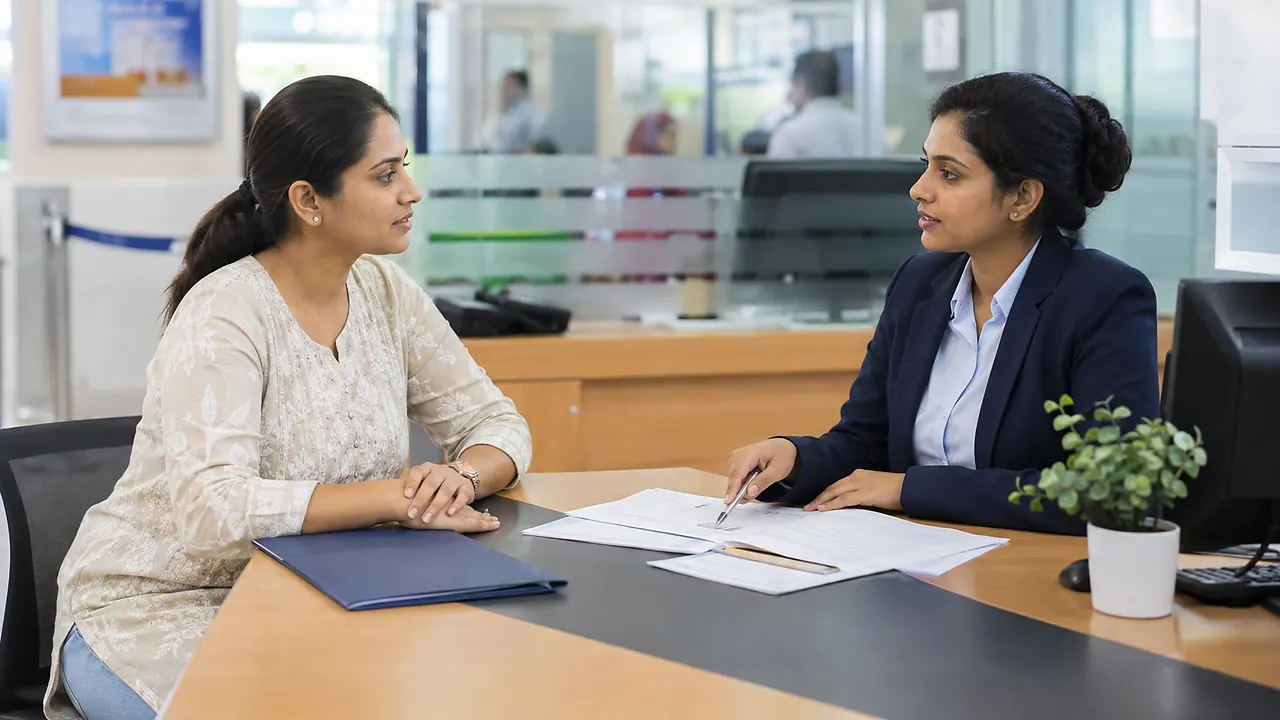 Indian woman discussing a deceased bank account claim with a bank officer at a consultation desk