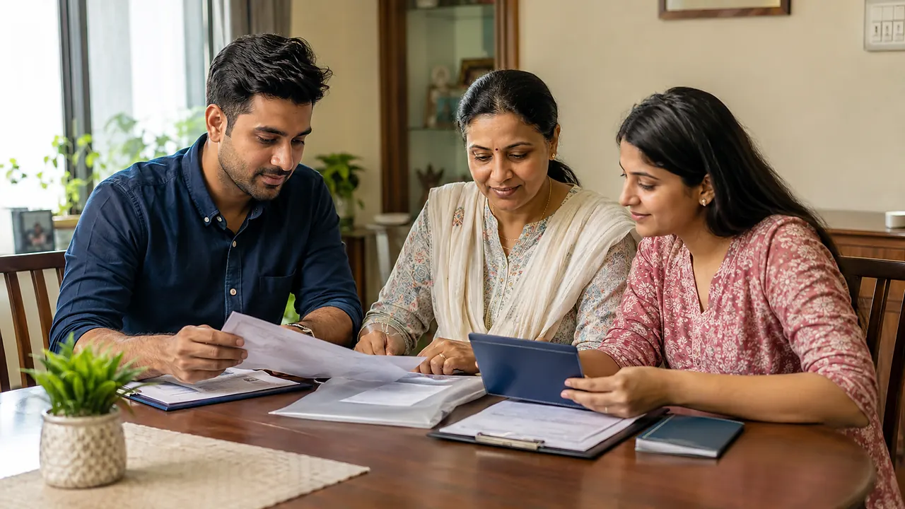 Indian family organising bank papers and identification documents for a deceased account claim