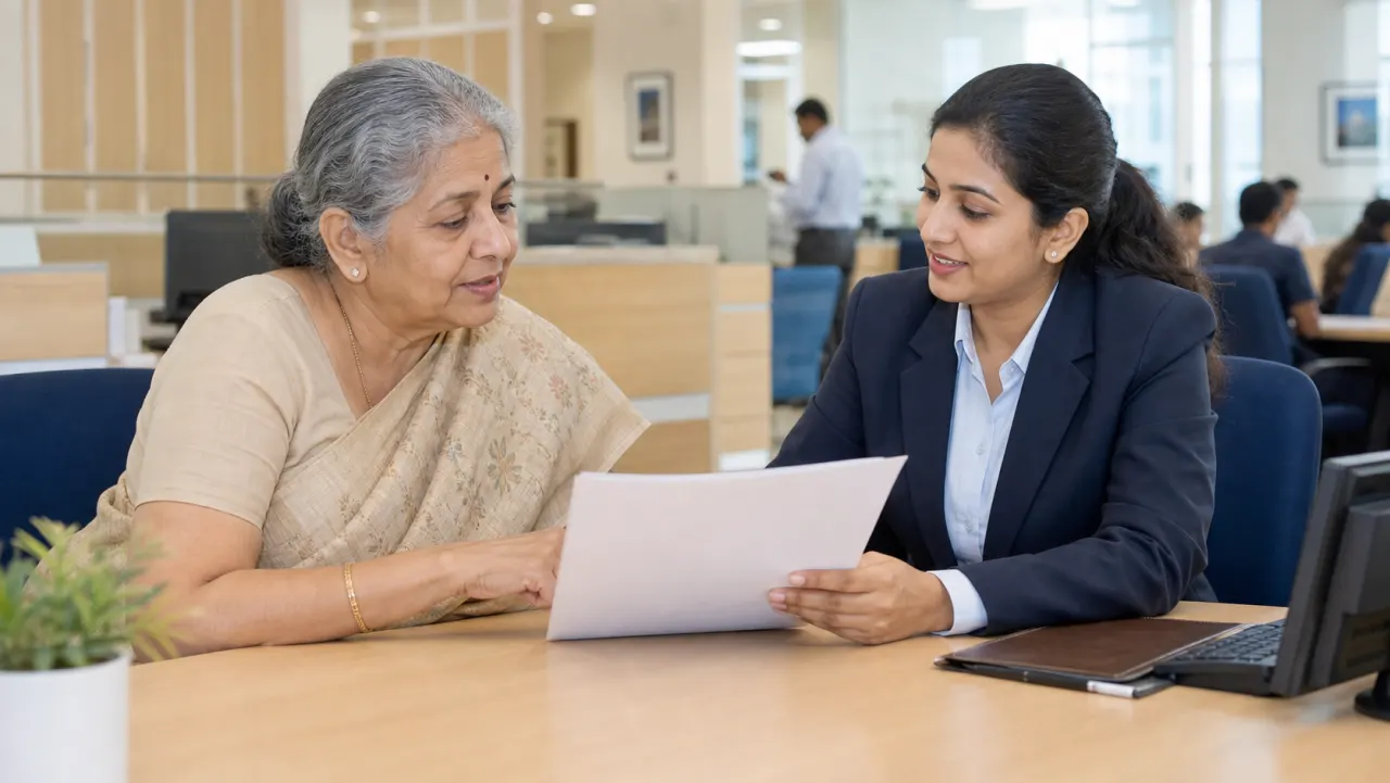 Senior Indian woman discussing savings and fixed deposit insurance with a bank employee