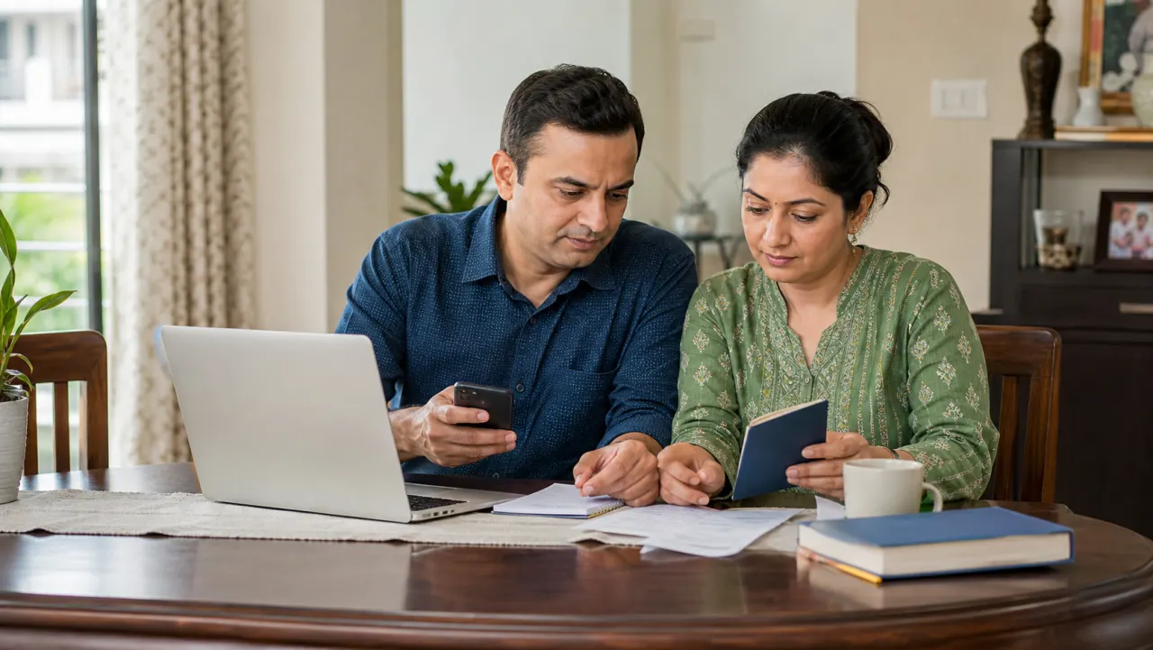 Indian couple reviewing savings accounts and fixed deposits while learning about DICGC bank deposit insurance
